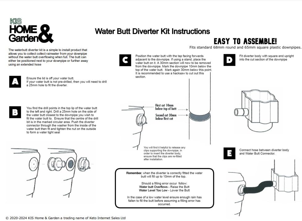 Water Butt Diverter Kit Downpipe Waterbutt Filler Kit Fits Both Round & Square Downpipes - Connect Downpipe to Water Butt with 1 Metre Connector Hose
