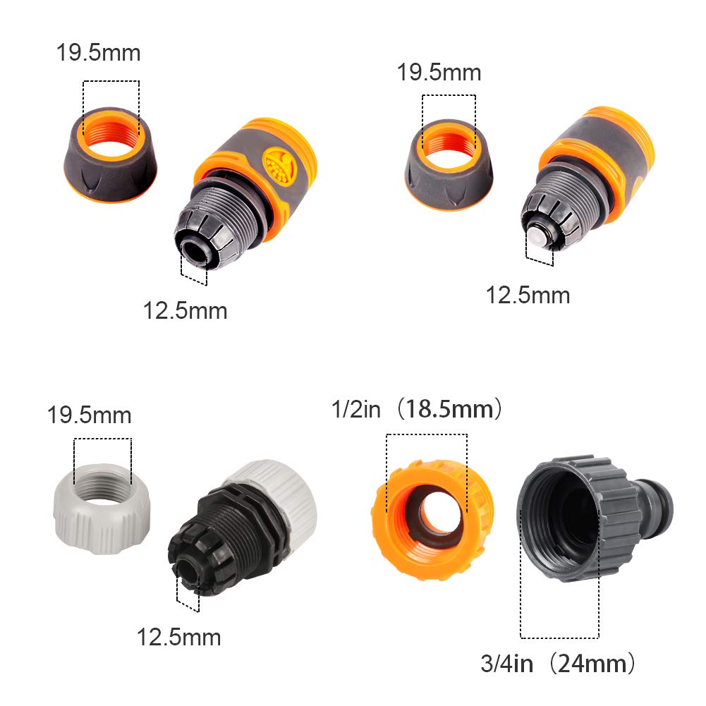 Onarway 4 Pack Plastic Garden Hose Fitting Set Pipe Tap Connector Kit, a 1/2" Hose End Adapter, a Water-stop Connector, a 1/2"&3/4" 2 in 1 Faucet Adapter, a Repair Connector, for PVC 1/2" DN15 Hose
