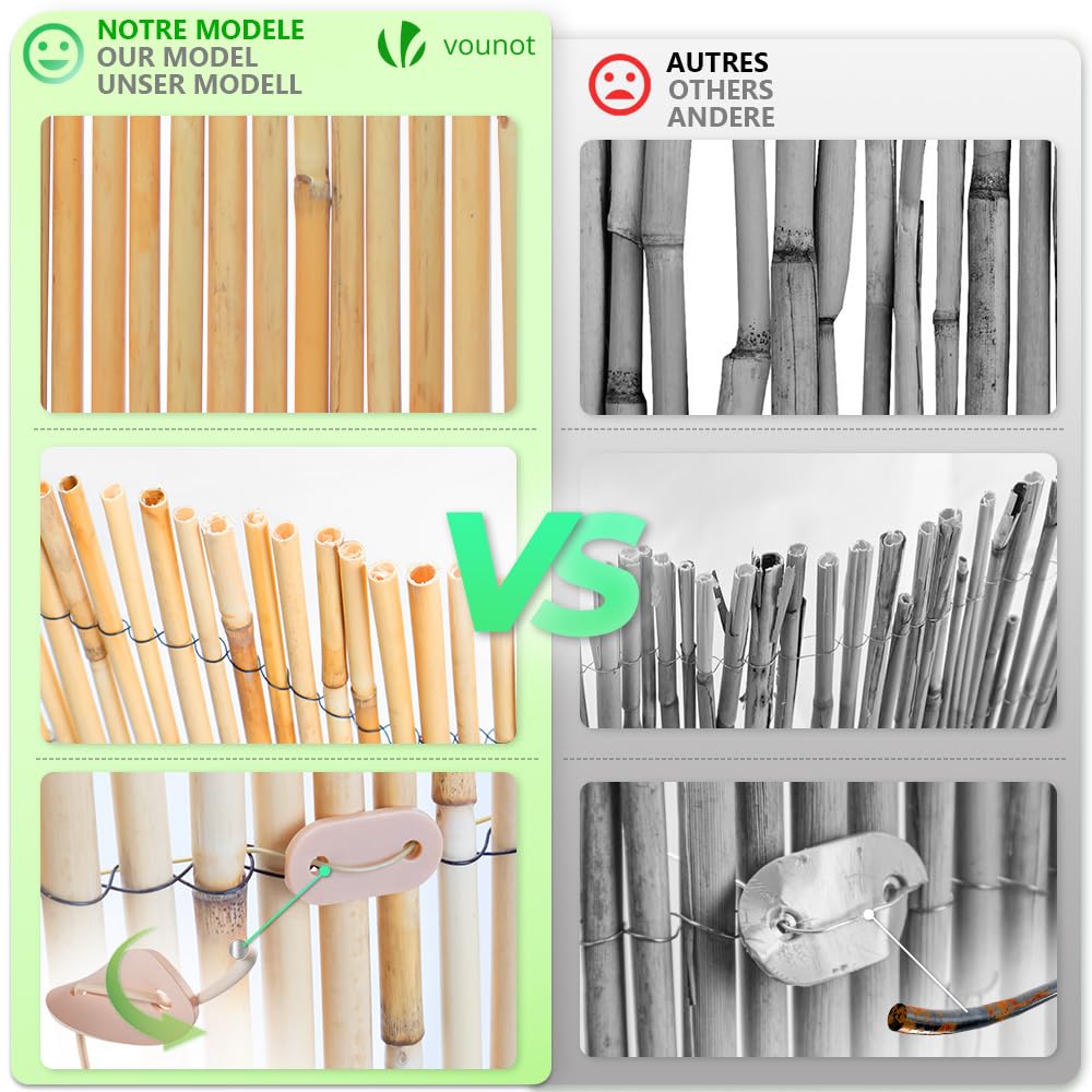 VOUNOT Natural Peeled Reed Fence 90x300cm Privacy Screen Roll with Fixing Clips Garden Panel Fence for Outdoor Garden Patio Balcony Wind/Sun Protection