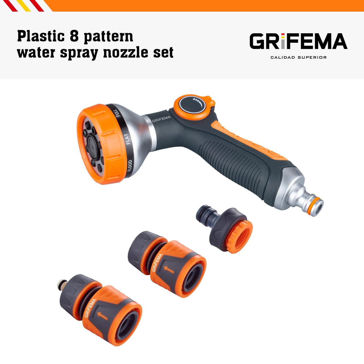 GRIFEMA GE1303-1 Hose Pipe Spray Gun Set, 8 Adjustable Patterns Nozzles, High Pressure Garden Sprayer For Lawn & Garden Watering Equipment Include Hose Connectors, Orange/Black