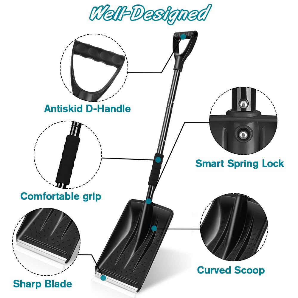 PLACHIDAY Snow Shovel, New Upgrade Large-Capacity Lightweight Aluminum Portable Snow Shovel, Perfect for Garden, Car, Camping with Extra Ice Scrape(Black)