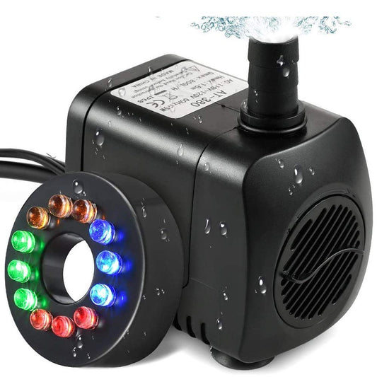 AITOO Submersible Water Pump - [Ultra Quiet] 140 GPH (500L/H,10W) LED Submersible Water Pump Fountain for Fish Tank, Aquarium, Fountain, Pond,12 LED Colorful Pump Lights Nozzle, 4.9 Feet Power Cord