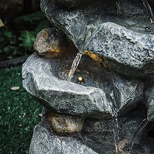 Garden Water Feature Decorate Cascading Tiered Water Fountain Pump Waterfall with LED Lights Indoor/Outdoor, Winding Rockery Waterfall, Dark Grey
