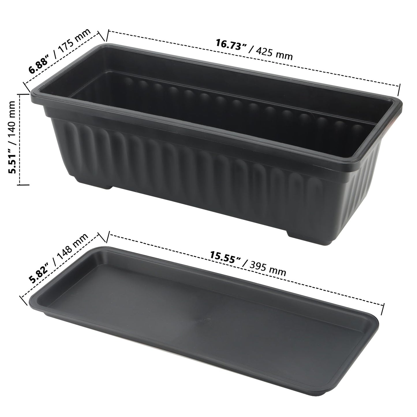 ZOENHOU 6 Pack 43cm Flower Window Box, 17 Inch Rectangular Plastic Window Box Planter with Trays and 30 Green Labels for Windowsill, Patio, Garden, Home Décor, Porchm, Black