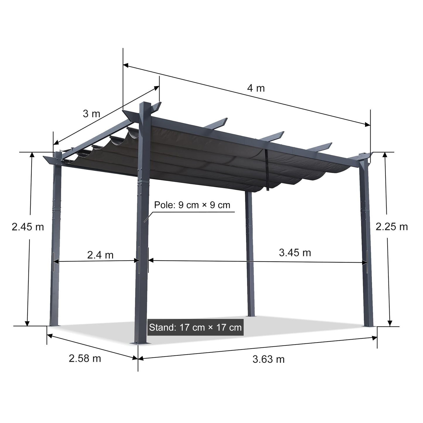 PURPLE LEAF 3 X 4 M Metal Pergola with Retractable Roof, Charcoal Grey Frame, Large Garden Pergola for BBQ, Outdoor and Patio, Grey