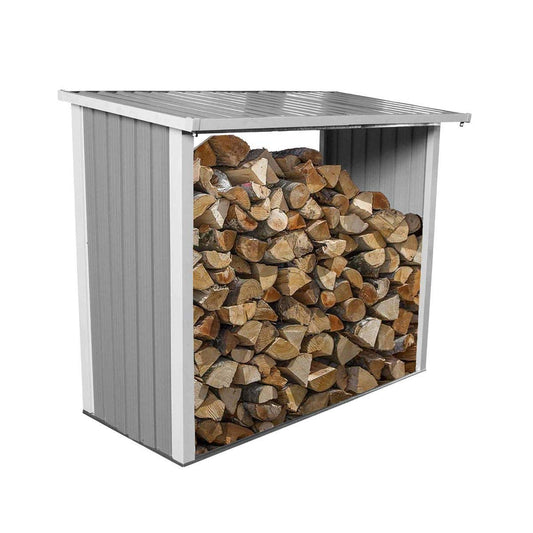 Charles Bentley Metal, Log, Wood Store, Shed, Garden Storage, Raised Floor, Slanted Roof, Back Panels, Gutter Included, Steel, Light Grey, Beige Trim, Log Store, Fire Wood, Logs, 6x3ft (182x89x148cm)