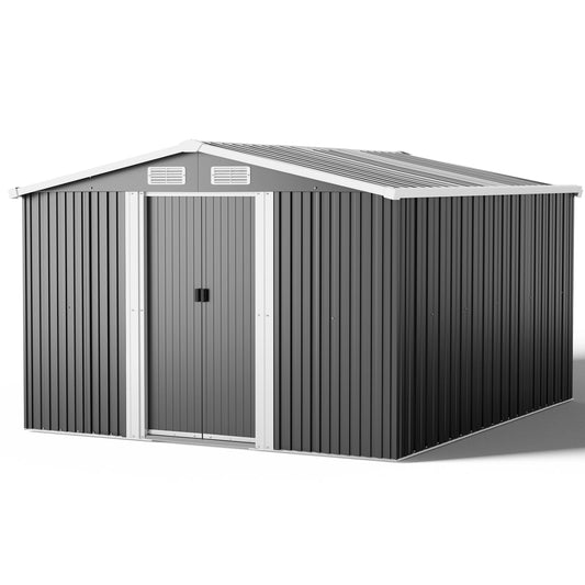 XEMQENER Large Garden Storage Shed with Base, 10x8 FT Metal Garden Shed with Door and Roof, Lockable Outdoor Storage House for Gardening Tools, Gardening Equipment, Bike, 257x312x178cm, Black