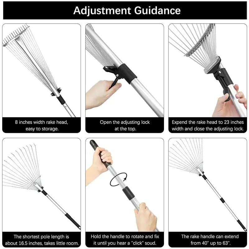 Aggloz | 38-63 inch Adjustable Garden Lawn Rake | Gardening Soil, Grass, leaf Moss etc | Heavy Duty & Rust Resistant | Quick Clean Up,25 Tines | Expanding & Telescopic Rake | 160cm