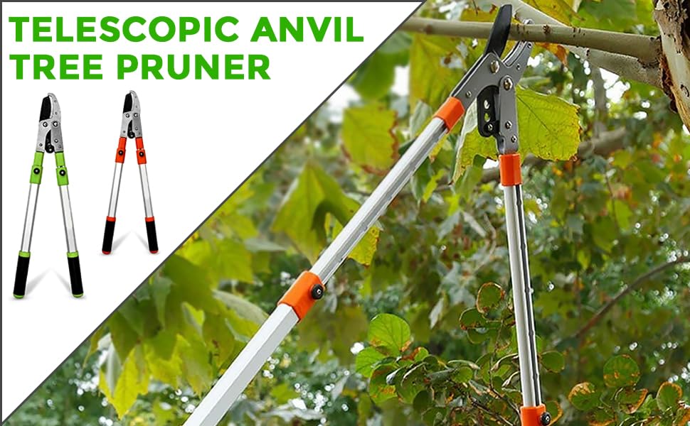 28"- 40" Extendable Tree Loppers for Gardening, Telescopic Garden loppers Long Reach, Anvil Lopper Tree Pruner, SK5 Razorsharp Blades Advance Heavy Duty Long Handled (Orange)