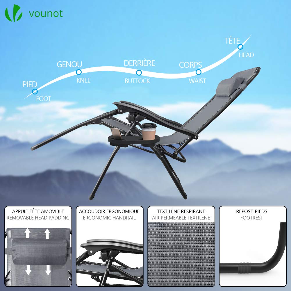 VOUNOT® Set of 2 Zero Gravity Sun Loungers, with Cup Holder and Phone Hoder, Adjustable Textoline Reclining Garden Chairs, Grey