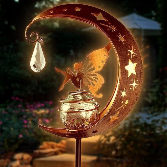 BomKra Solar Garden Ornaments Outdoor Fairy Solar Light Moon Star Crackle Glass Ball Stake Metal Lights Decorative Waterproof Warm White LED for Garden Pathway Lawn Patio Grave (A)