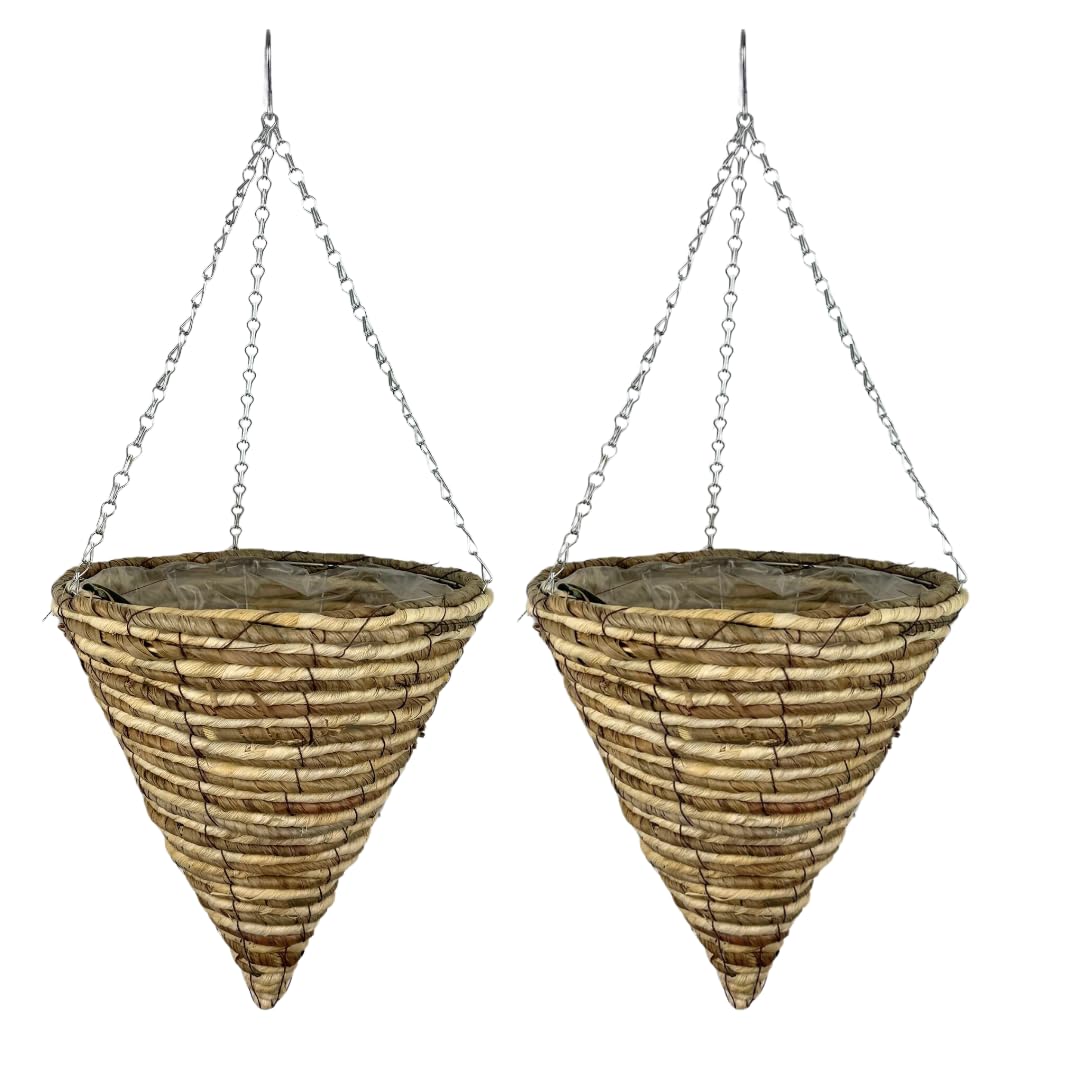 ADEPTNA Set of 2 Cone Garden Hanging Baskets 12 Inches - Natural Basket Hanging Plants Wall Flower Planter Pot with Detachable Hanging Chain for Home Garden Decoration (ROPE BASKETS)