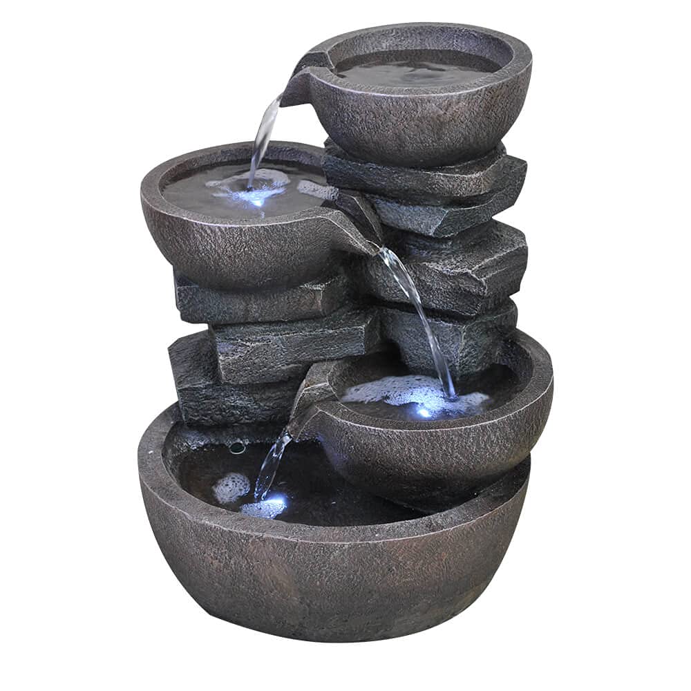 allpondsolutions Four-Tier Cascading Bowl Water Feature with LED Lights | Cascade Garden Water Feature, Outdoor, Self Contained - 37 x 31 x 47.5cm