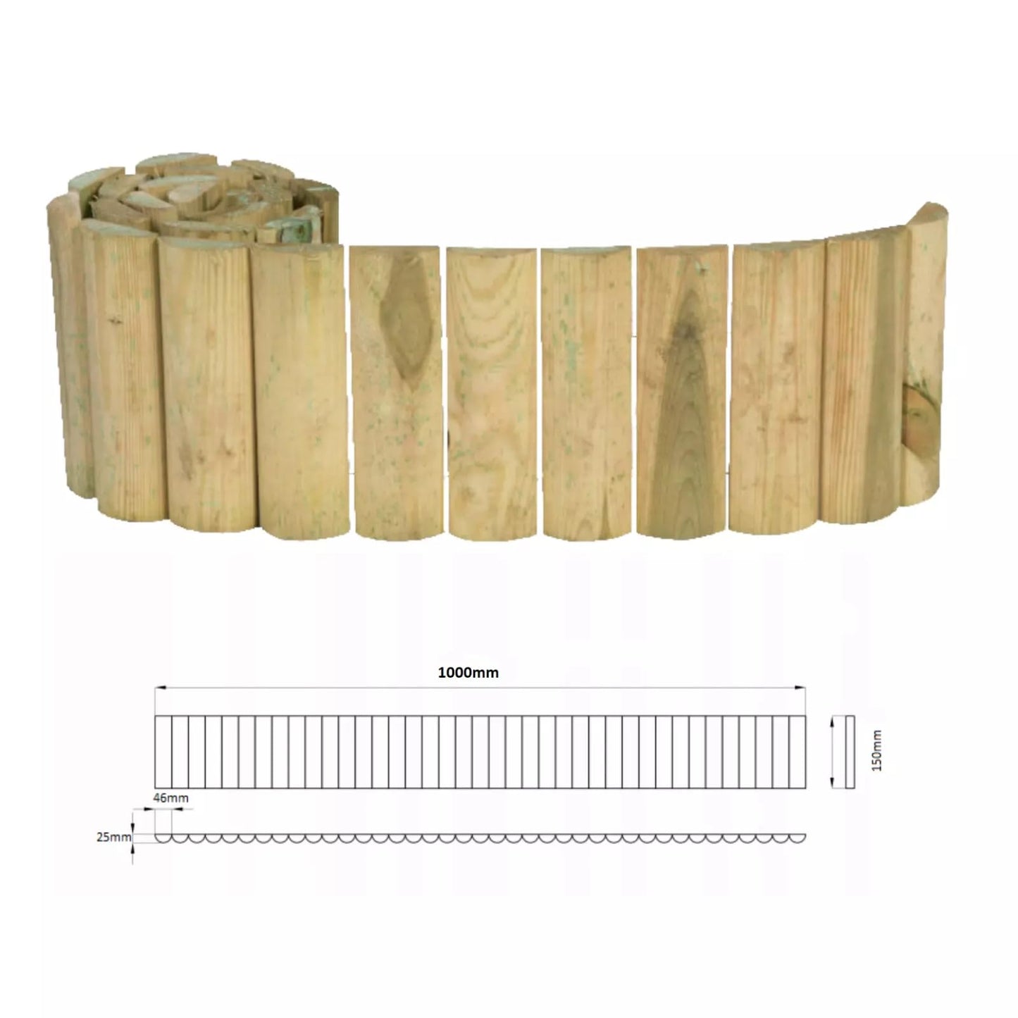 Natural Wooden Border Edging Roll Flexible Garden Fence, 1.0m x 15cm (pack of 5)