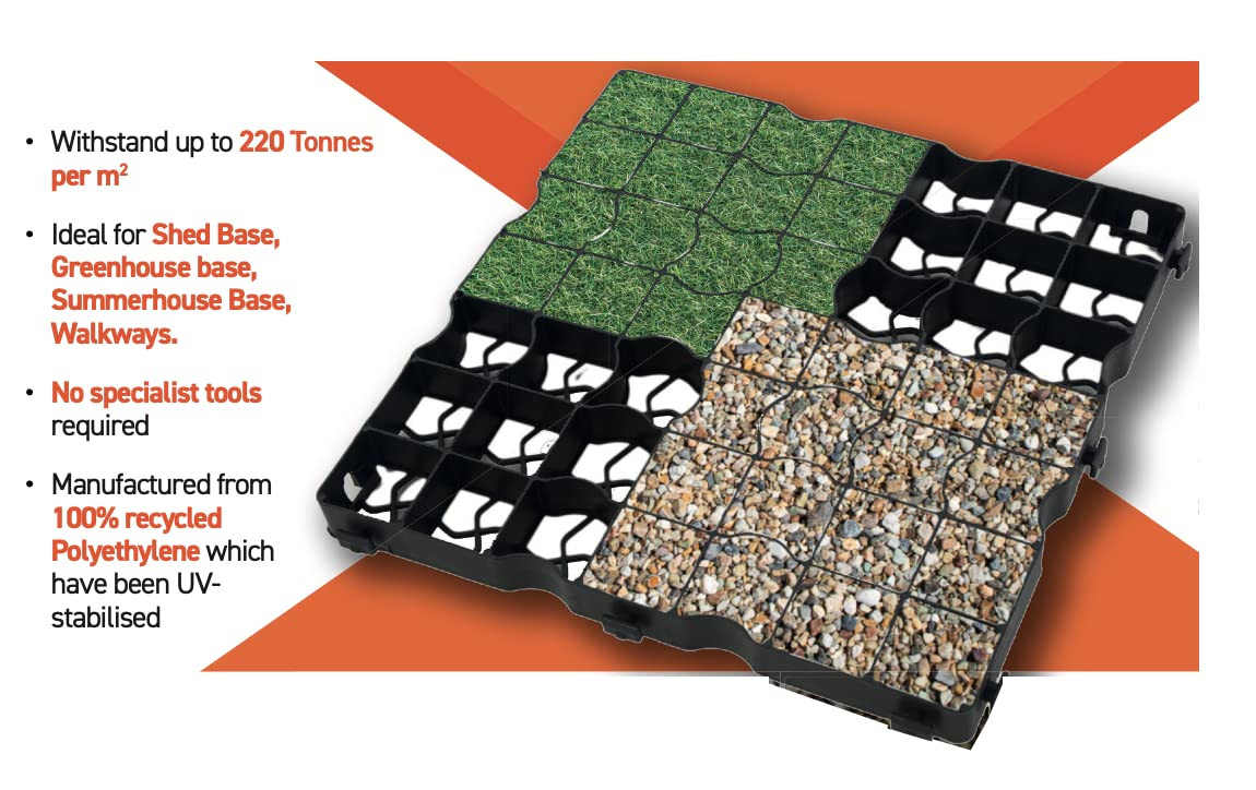 FXDM MEMBRANE INCLUDED - Gravel/Grass Grid Paver Path Base Mat FOR Greenhouse Deck Turf Lawn Shed Garden , Black, 40 Grids = 8m²