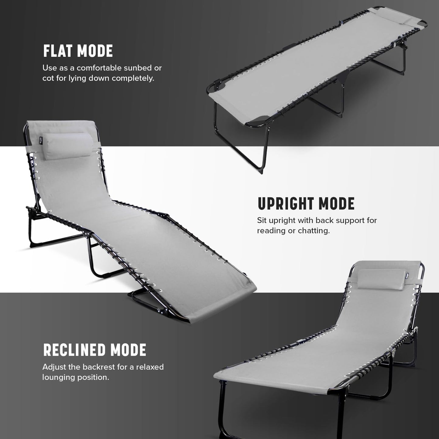 KEPLIN Foldable Recliner Sun Lounger - 600D Oxford Fabric - Adjustable Back and Leg Rests - Lightweight and Portable - Compact Space-Saving Design - Durable Outdoor Use - 190 x 65 x 30 cm (Grey)