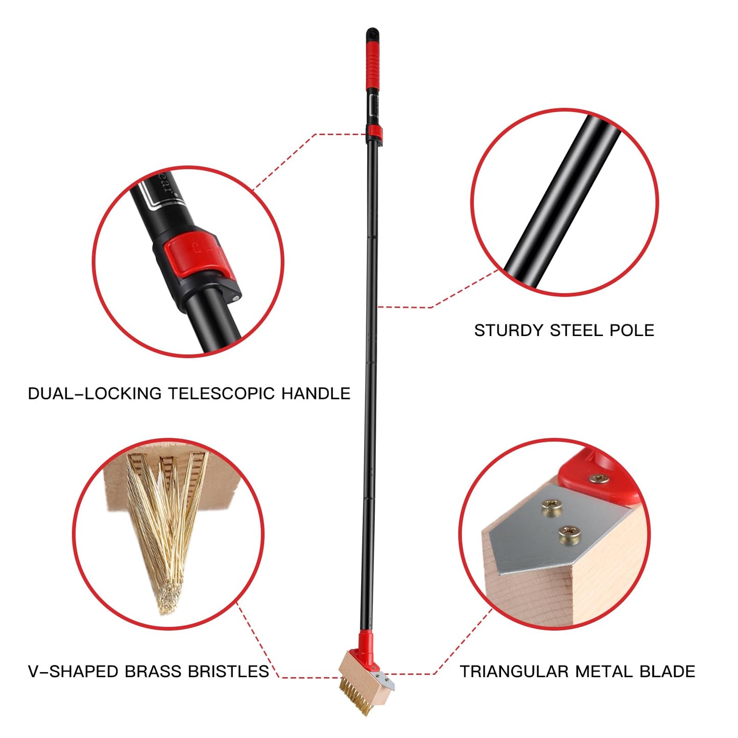 Mitclear Weed Remove Brush with Long Handle(53IN), Weed Remover Tool with V-shaped Wire Brush & Blade Scraper, Remove Weed & Moss from Block Paving Garden Path Patio Driveway (3 Brush Heads)