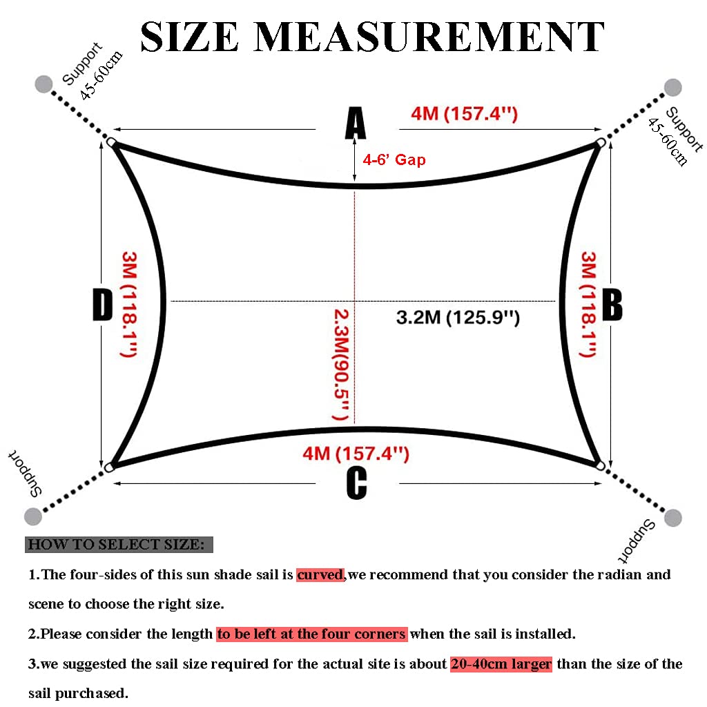 OldPAPA Sun Shade Sail Rectangle Water-resistant Sun Shade 95% UV Block Sunscreen Awning Garden Beach Patio Canopy Grey 3x4m