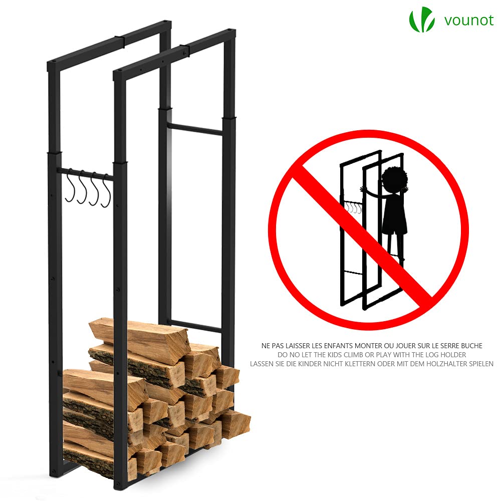 VOUNOT Firewood Log Rack, Retractable Metal Log Store Holder for Outdoor or Indoor, 9 Adjustable Sizes, Maximum dimension 65 x 25 x 150 cm, Black