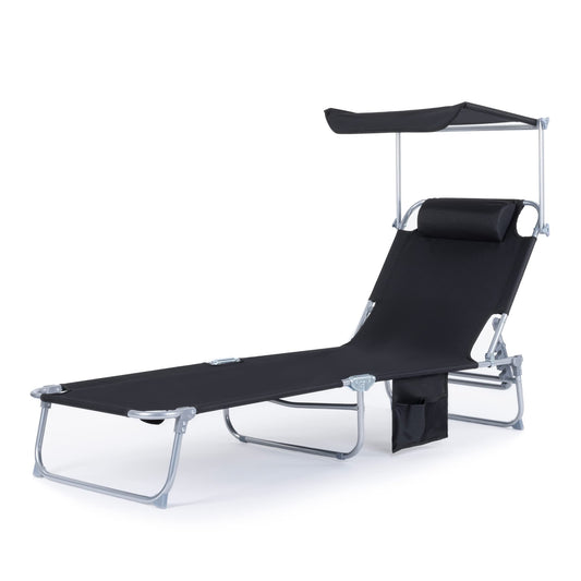LIVIVO Folding Sun Lounger with Adjustable Back and Leg Rests, Adjustable Sunshade and Side Pockets – Relax in Comfort and Style – Folding Lightweight Frame (Black)