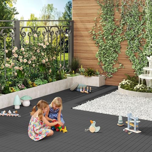 WOLTU 6 x WPC Composite Decking Boards 30 x 60 cm (1 m²) Interlocking Wood Effect Terrace Tiles Flooring with Click System, Grey, GTF005gr