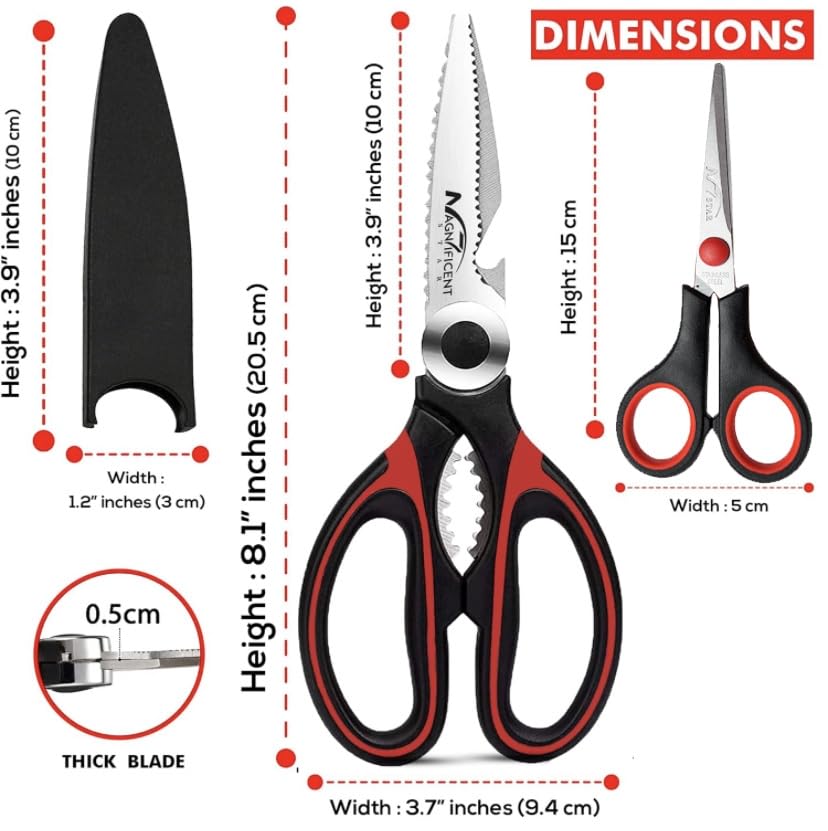 Magnificent Kitchen Scissor, Heavy Duty Scissors for Kitchen Use with Safety Cover & Soft Grip & Multi-Functional Utility Scissors, Shears for Meat Poultry Herbs Cutting, Bottle Jar Opener