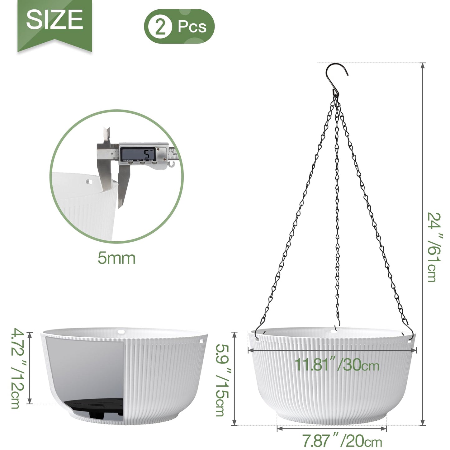 T4U 12 Inch Large Hanging Planters for Outdoor Plants, 2 Pack Self Watering Pots Indoor, Hanging Baskets for Plants,Hanging Flower Pot with Drainage Hole and Plant Hanger, White