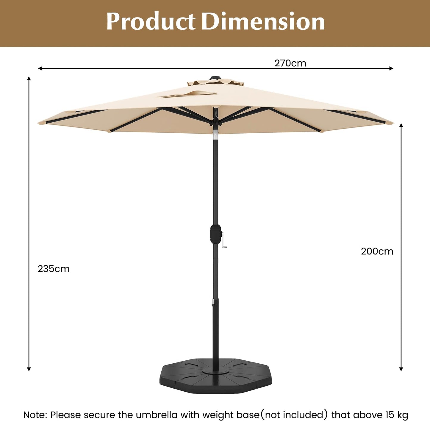 COSTWAY 2.7m Garden Parasol, Waterproof Patio Umbrella with Tilt, Crank Handle & Vented Top, 8 Ribs UV Protective Outdoor Table Sun Shade for Market Yard Pool (Beige)