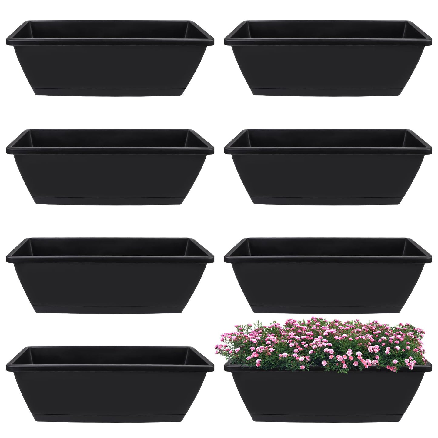 8Pcs Rectangle Plant Pot Rectangle Window Box Planter 17 Inch Black Herb Planters with Tray Herb Pots for Indoor Plants Large Flower Boxes for Bay Window,Kitchen Windowsill,Shelf,Coffee Table