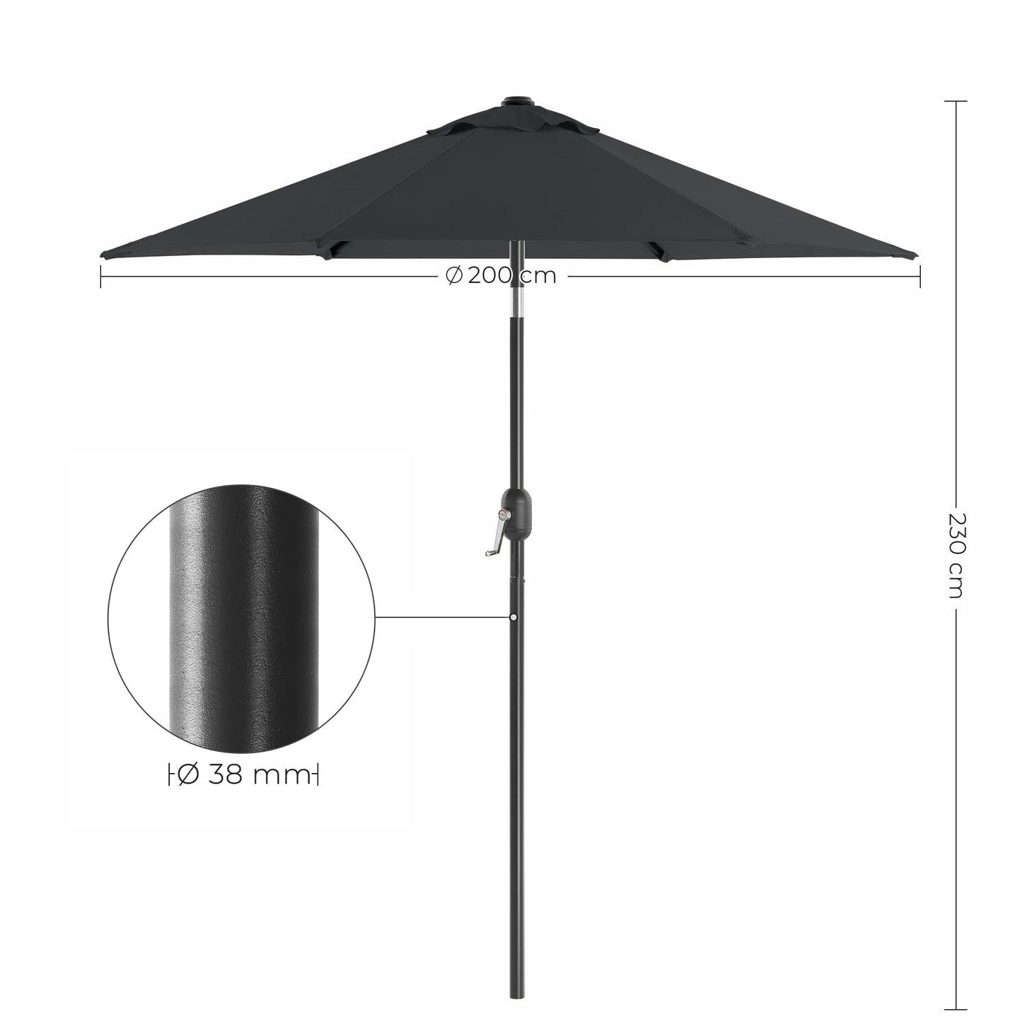 SONGMICS 2.1 m Garden Parasol Umbrella, UPF 50-, Sun Shade, 30° Tilt in 2 Directions, Crank Handle for Opening and Closing, for Outdoor Gardens Pool Balcony Patio, Base Not Included, Grey GPU202G01