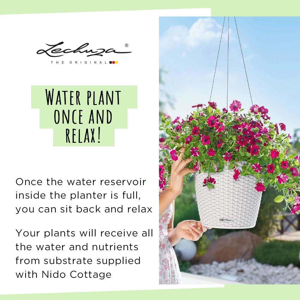 Lechuza Self Watering Hanging Plant Pots NIDO Cottage 28 Rattan Look Plastic Outdoor Indoor Planter with Drainage Hole D27 H23 cm White