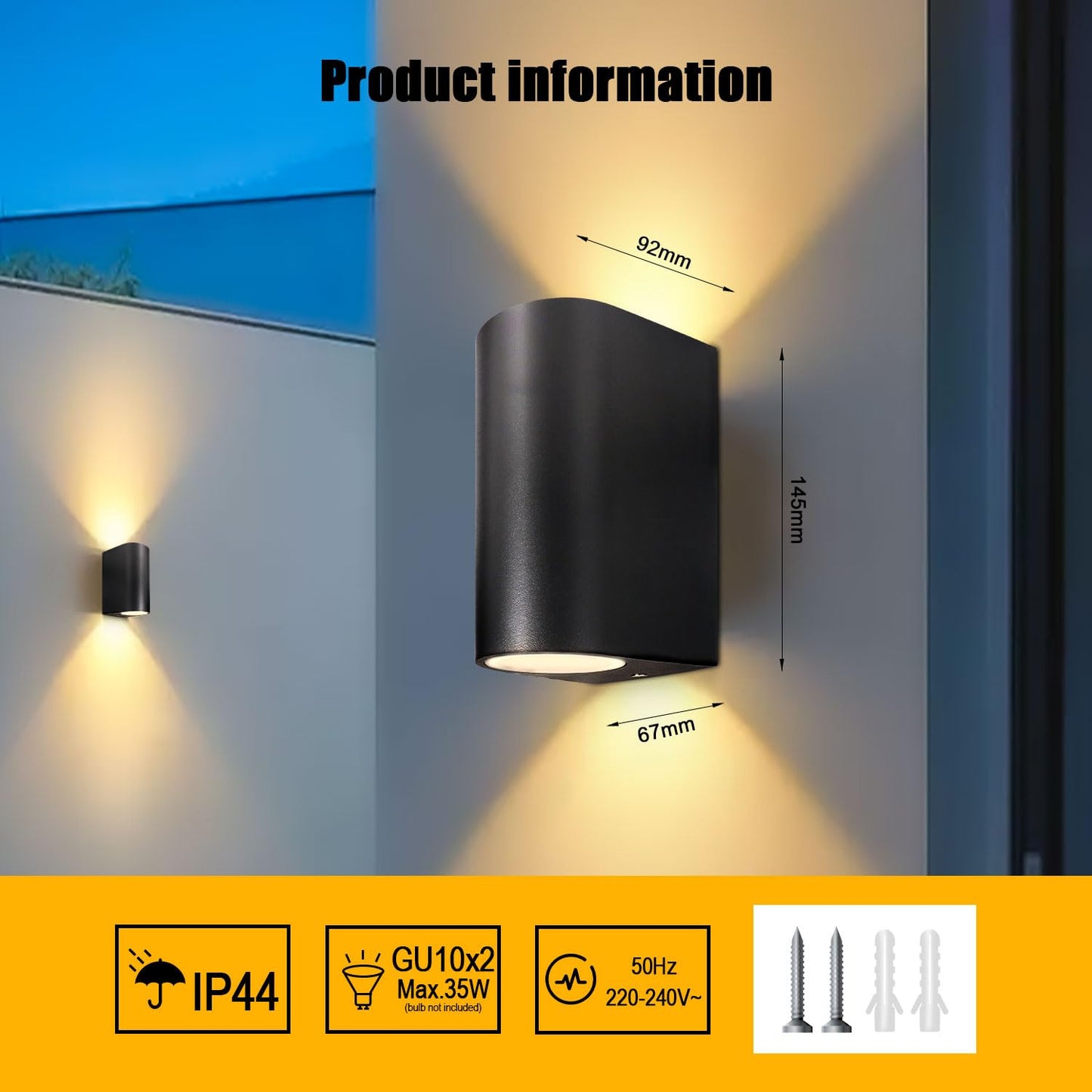 EXTRASTAR Outdoor Wall Lights, GU10 Base Up Down Exterior Wall Sconce, IP44 Waterproof Outside Wall Lights Aluminum Black for Garden, Patio, Garage, Porch, and so on（Bulbs not Include）