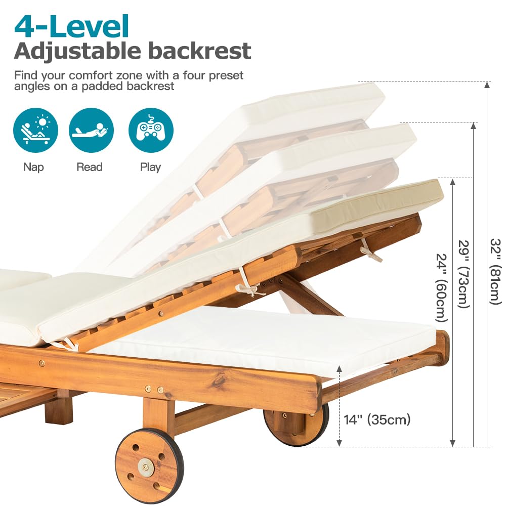 Panana Solid Acacia Wood Sun Lounger Outdoor Seating Folding Recliner Chair Portable Chaise Lounge with adjustable Backrest, Wheels, Cushion for Garden Poolside Patio