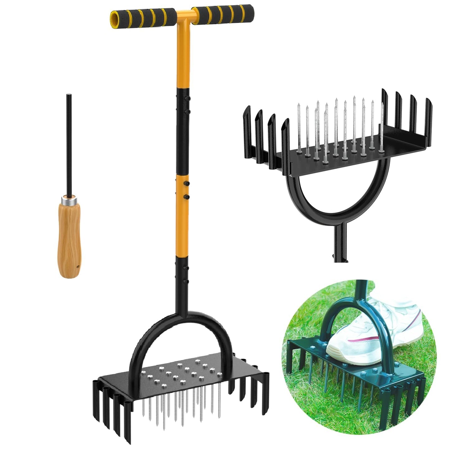 TWZ Manual Lawn Aerator, 2-in-1 Aerator with 16 Spikes& 8 Cores, 98cm Lightweight Grass Aerator Tools for Yard, Lawn Aeration, Garden Tool, Revives Lawn Health, L28xW12xH8cm Aeration Area