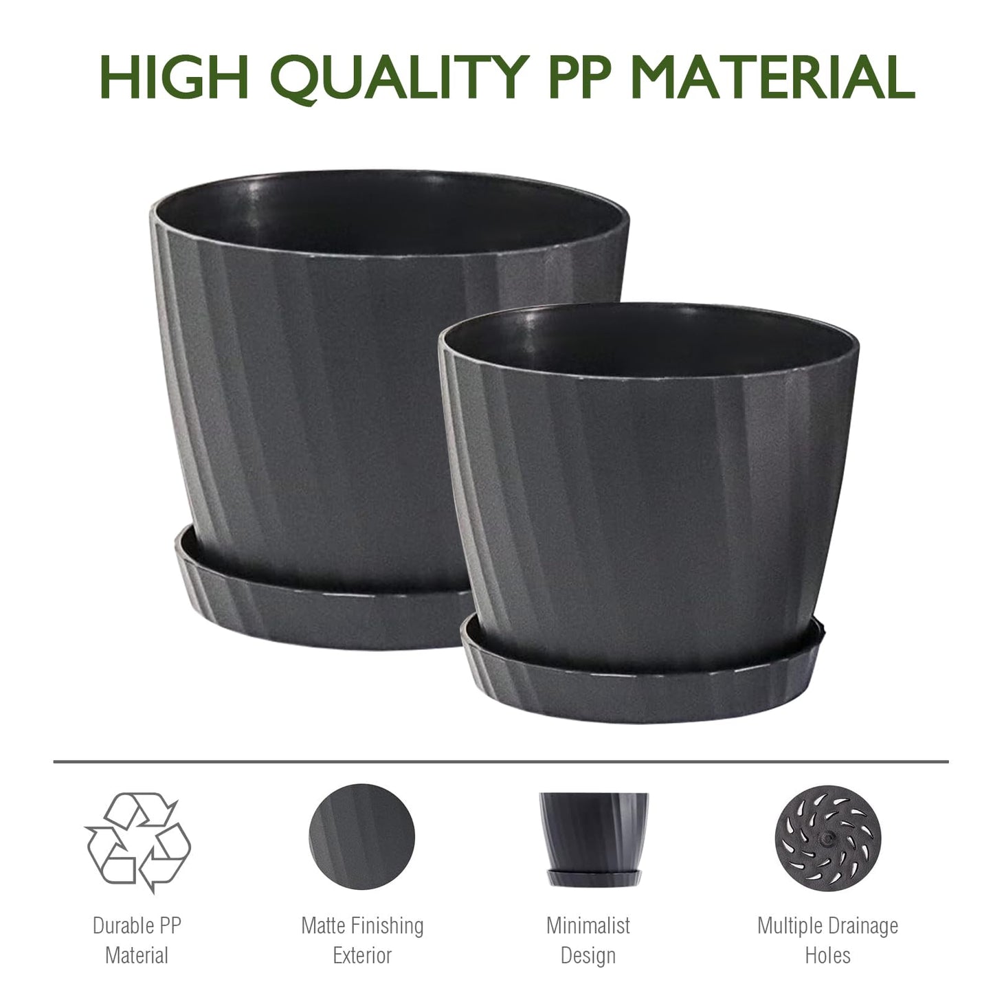 MUAEEOK 18CM 6 Pack Plant Pots Indoor Plastic Planters with Drainage Holes and Saucers for Indoor Outdoor House Plants and Flowers Modern Decorative Planter Pot for All House Plants (Black)