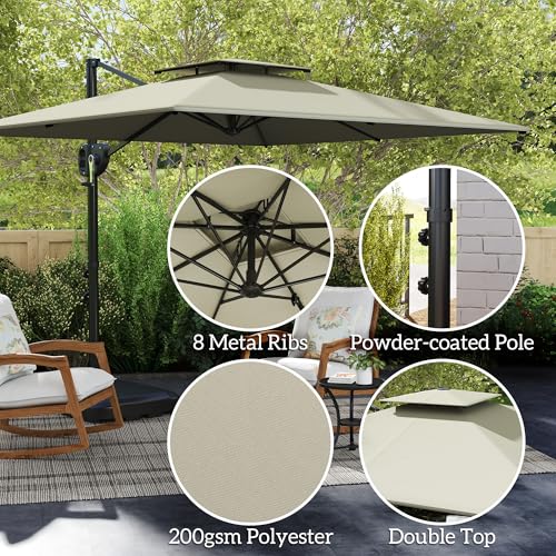 Outsunny 2.5m Garden Cantilever Parasol with Fillable Base, Up to 40kg, Double Top Garden Parasol, Square Overhanging Patio Umbrella with Crank Handle and Tilt for Outdoor Sun Shade, Light Grey