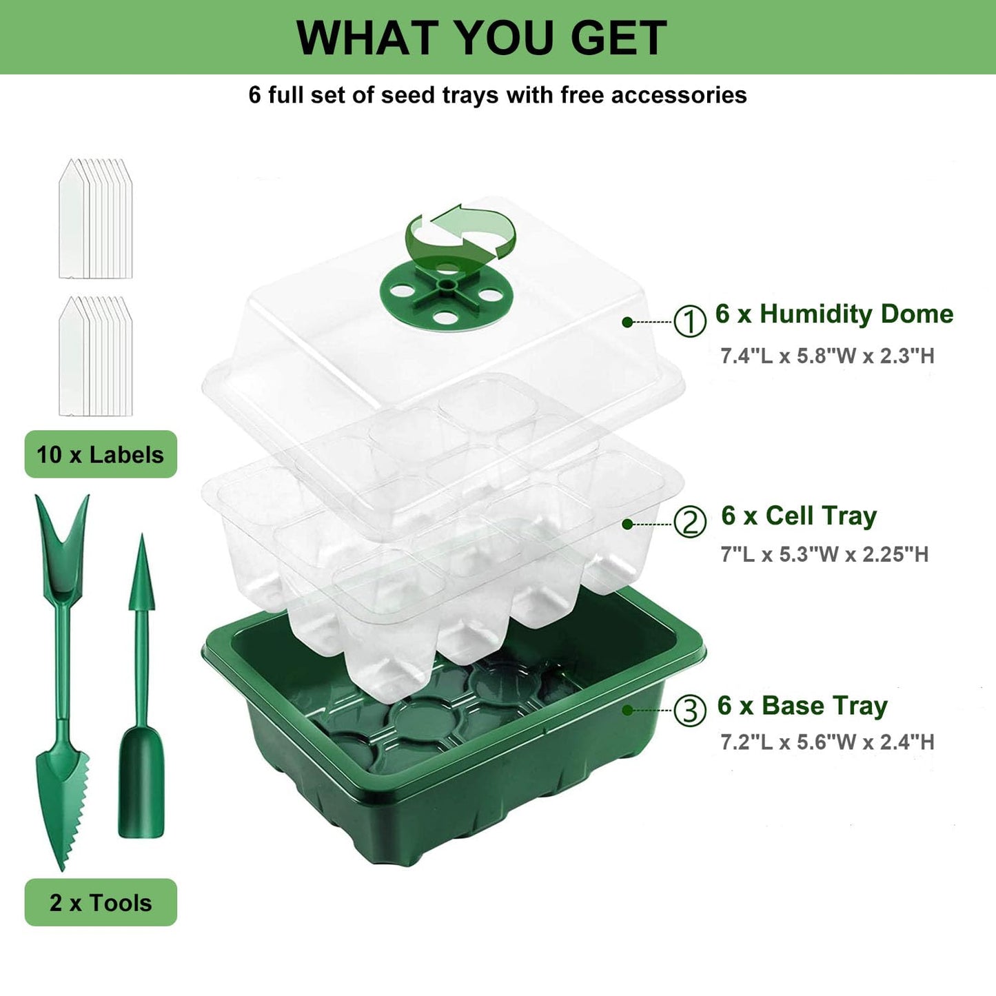 Feizeisun Seed Trays, 6 Pack 72 Cells Propagator Thicken Seed Trays for Seedlings Reusable Seed Trays with Lids Seed Propagators Plant Germination Trays Kit for Greenhouse & Garden, Green