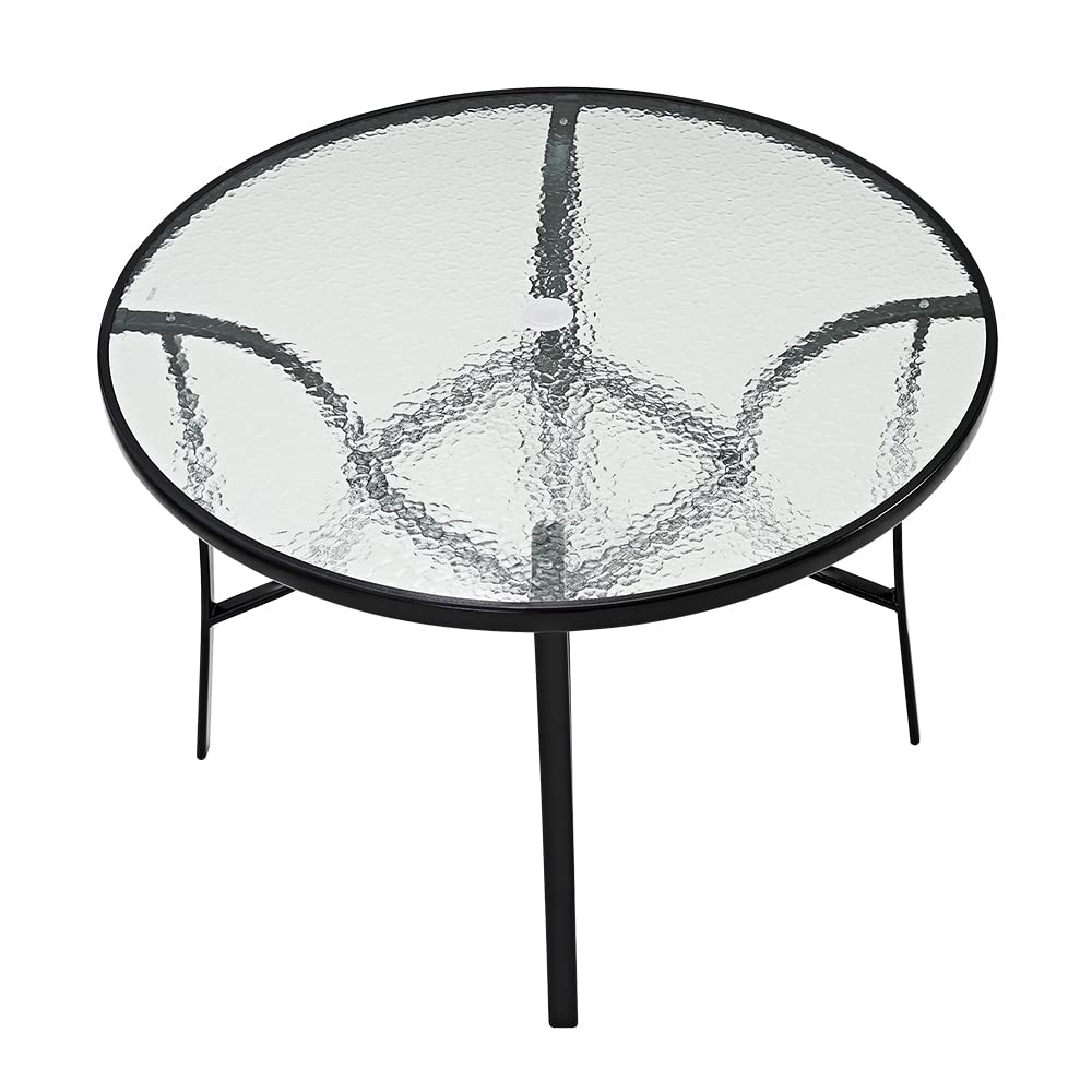 Panana 105cm Round Garden Dining Table with Parasol Hole, Outdoor Coffee Table with Tempered Glass Tabletop and Metal Frame for Conservatory, Patio, Balcony