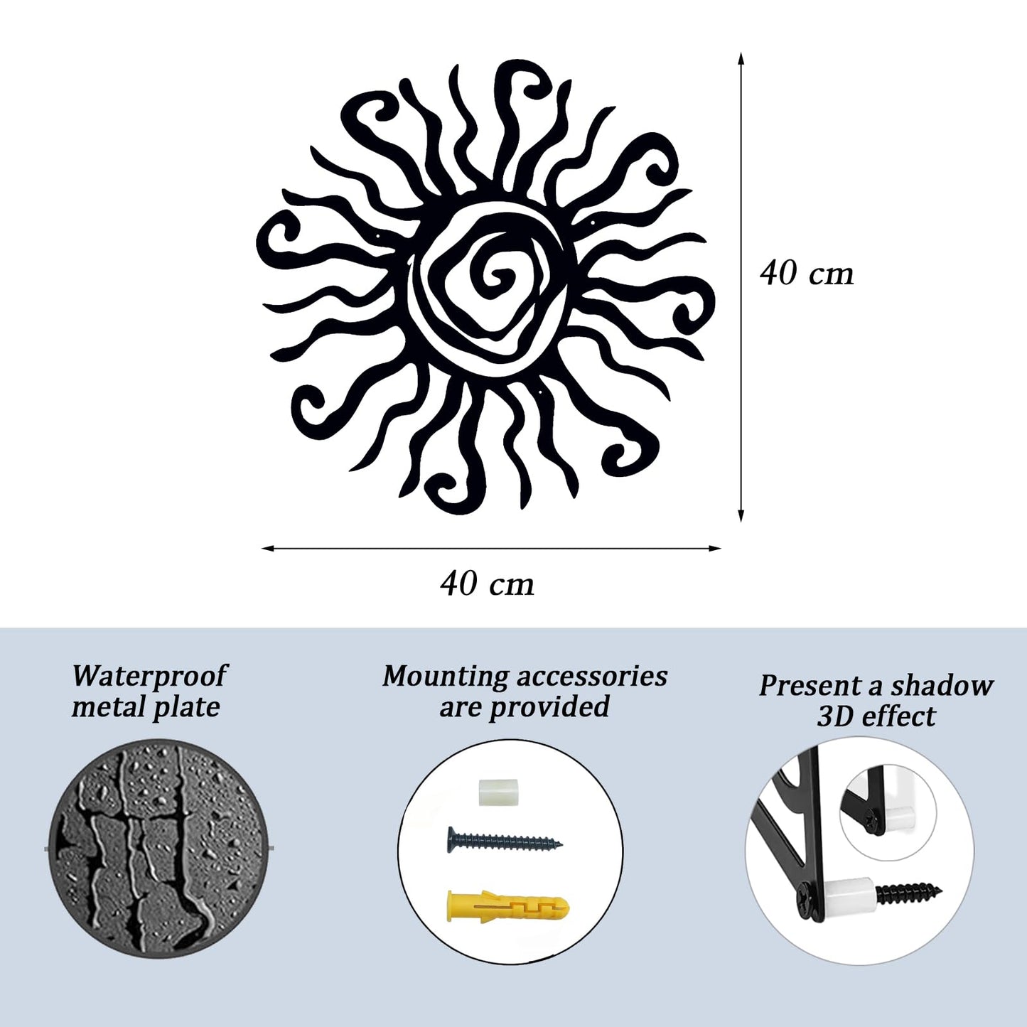 Huspox 40cm Wacky Sun Metal Wall Art Indoor Outdoor Decor - Black Rust Proof Wall Sculpture - Hanging Wall Art Ideal for Bedroom Garden Home Patio and Farmhouse