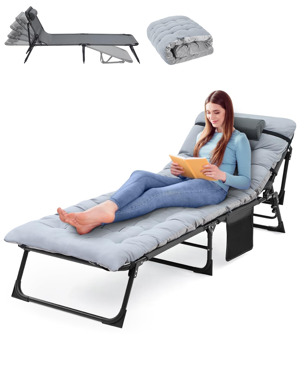 Sun Lounger 5 Position Adjustable, Sunloungers with Mattress and Headrest for Garden Recliner Beach Terrace Pools Camping Bed Guest Bed for Home, Office Nap, Indoor, Camp
