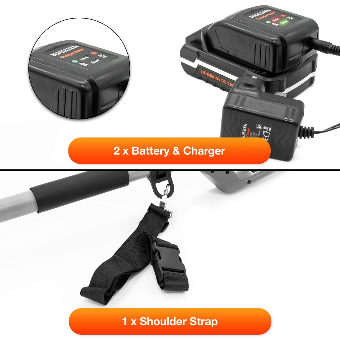 Terratek Cordless Hedge Trimmer Long Reach 20V 1HR Fast Charge, 2.4m Telescopic Hedge Trimmer Cordless Hedge Cutter with 2x Batteries, Shoulder Strap and Charger Included