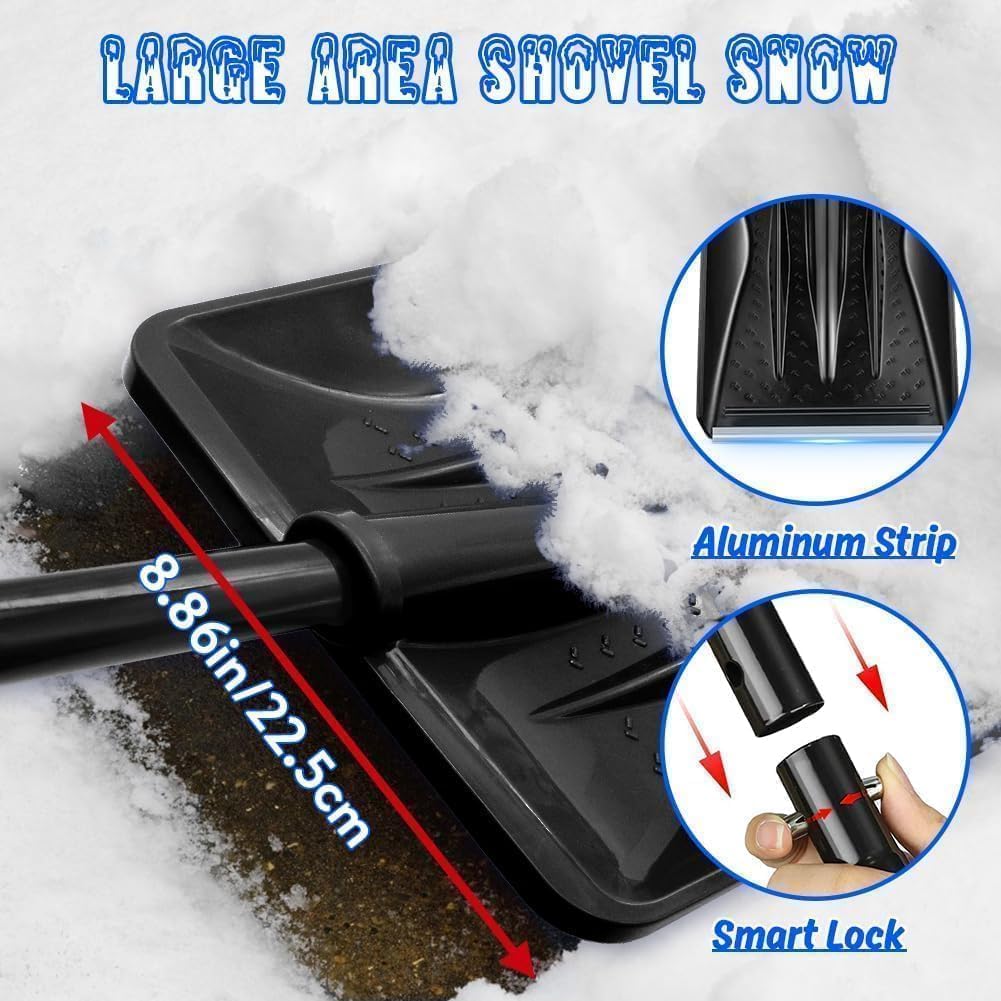 Snow Shovel, New Winter Snow Removal Tool, Detachable Three-Part Adjustable Long Handle, Large Capacity Black Lightweight Portable Sport Utility Shovel for Driveway Car, Aluminum Camping Snow Shovel