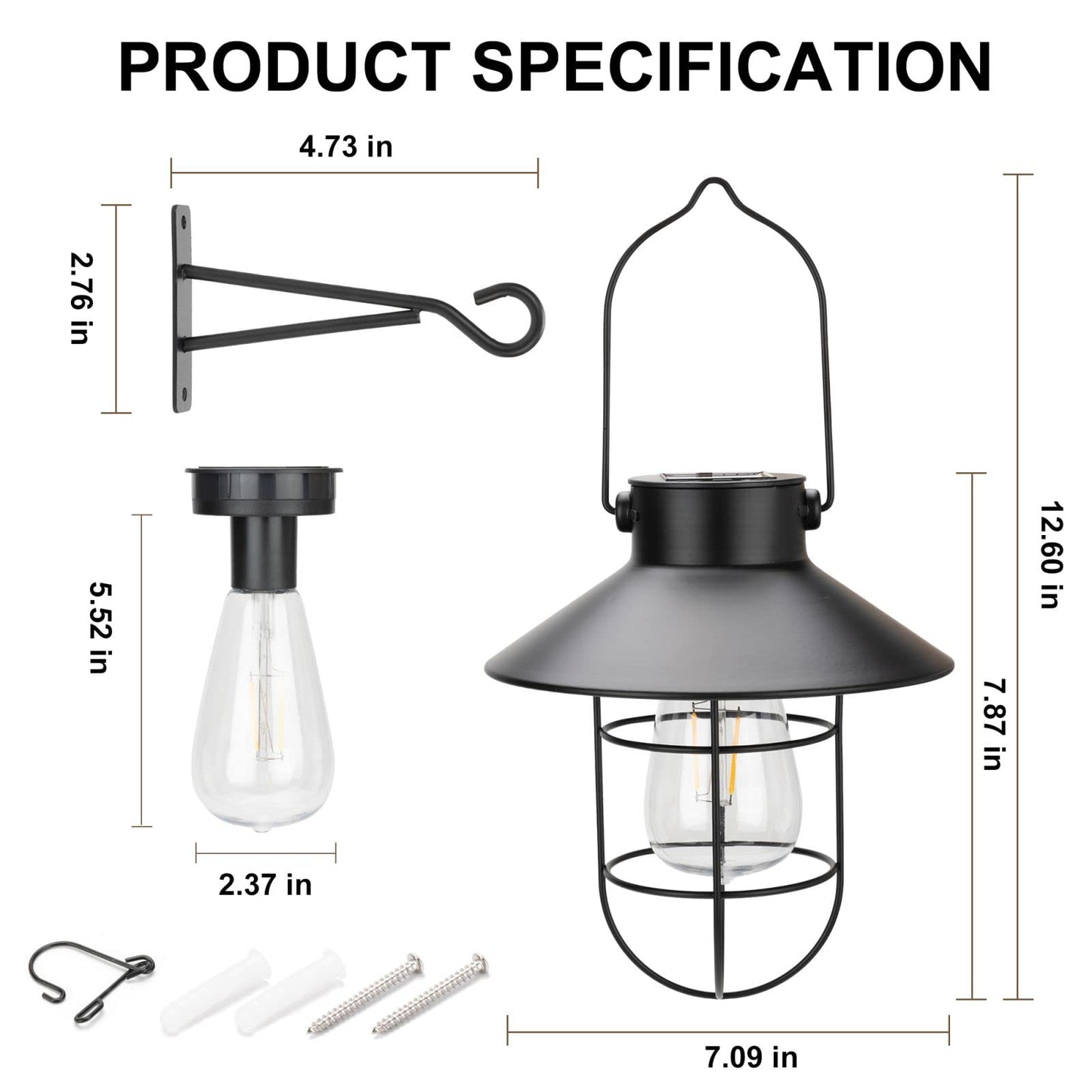 pearlstar Solar Lanterns Outdoor Metal Solar Powered Hanging Lights Waterproof for Wall Yard Garden Patio Garage Balcony Porch Fence Decor, Warm White Edison Bulb,with Wall Mount Kit（Black-2pack）