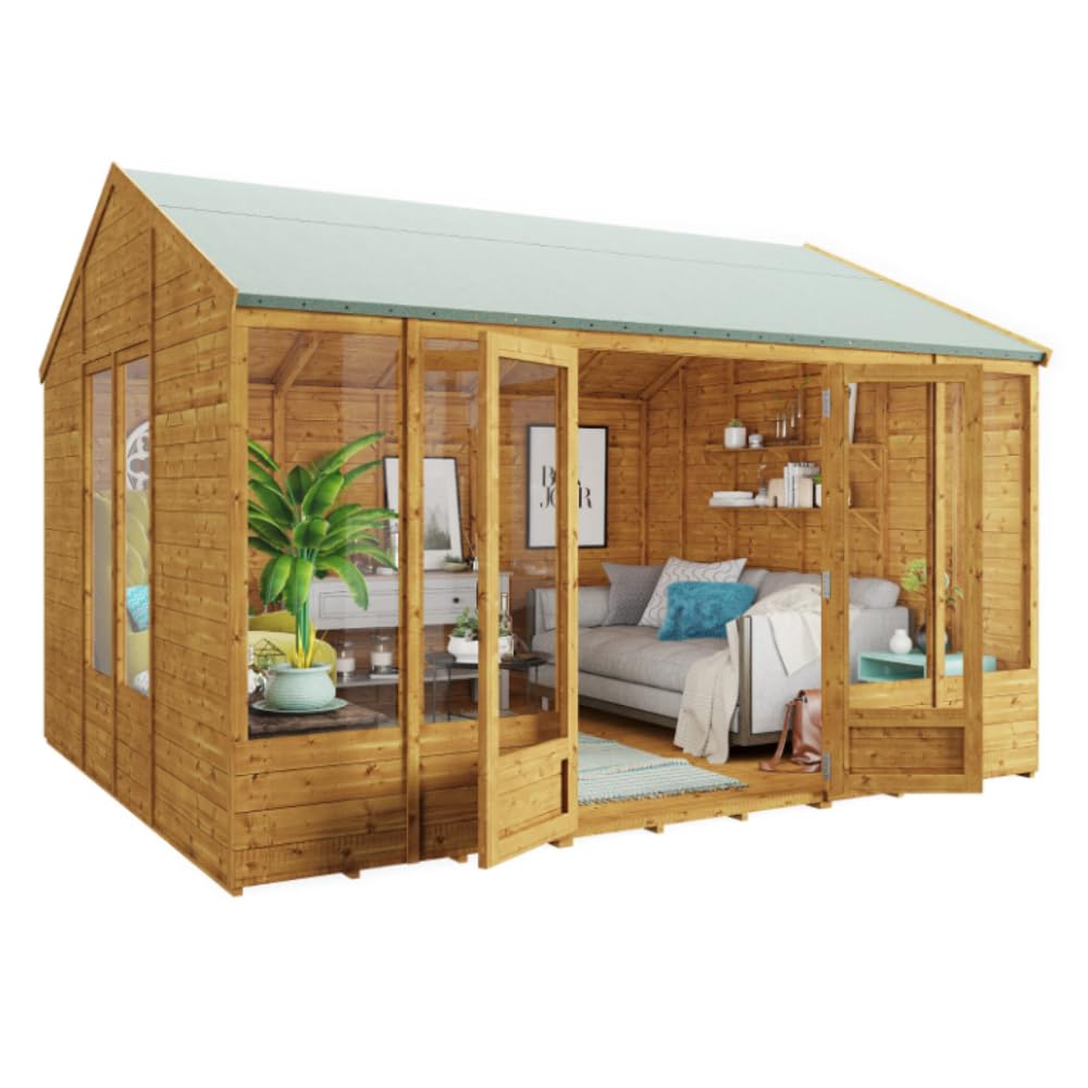 BillyOh Petra 12x10 Reverse Apex Summer House Shed, Log Cabin | Wooden Garden Room with Wide Double Doors, Tear Resistant Felt, Tongue and Groove Construction | Versatile Tiny Home or Garden Office