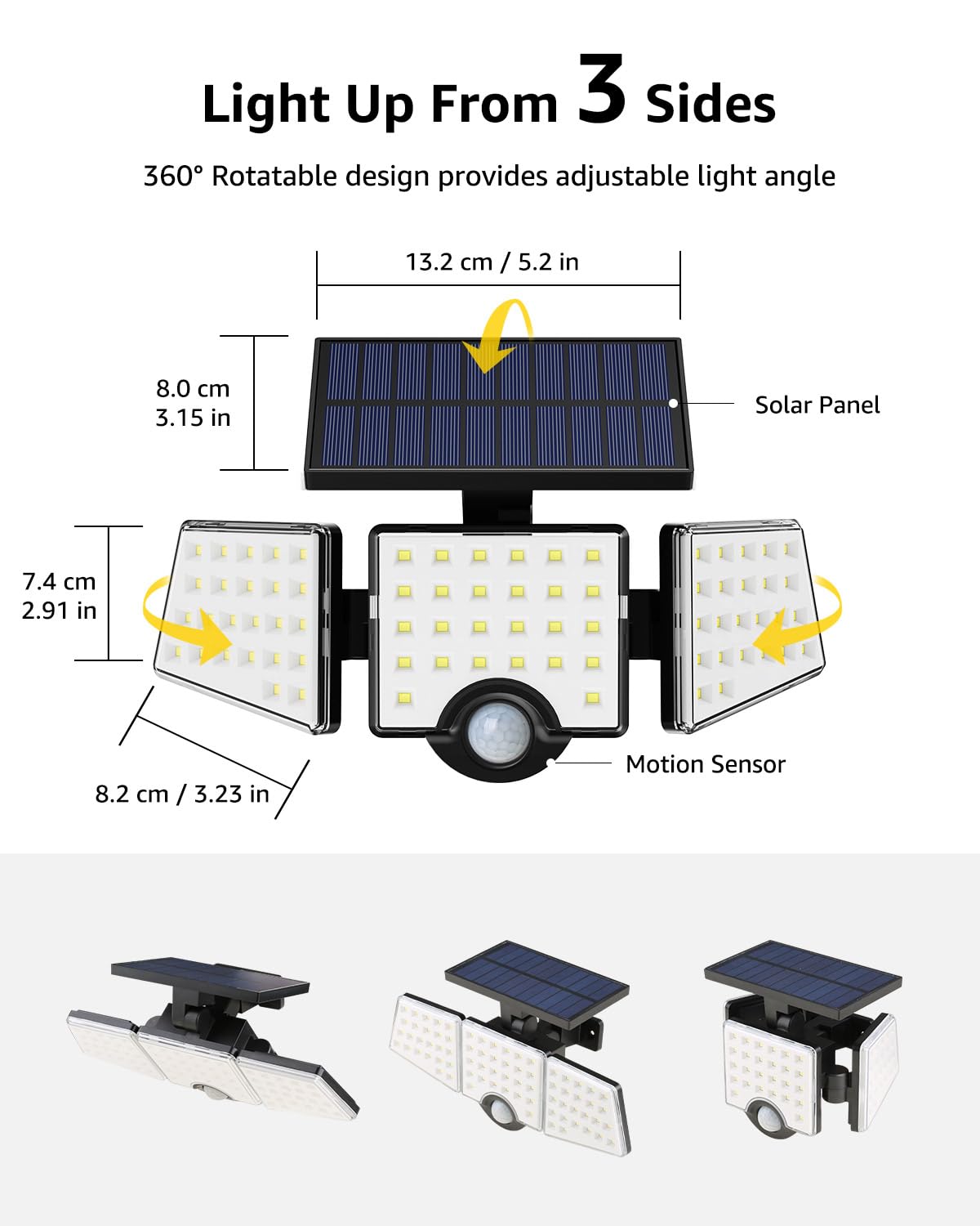 LE Lepro Solar Security Lights, 1200LM Solar Floodlights Motion Sensor with 360 Degree 3 Adjustable Heads, IP65 Waterproof, Wide Lighting Angle Solar Lights Outdoor for Yard Garage Pathway