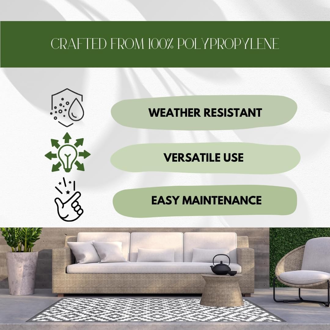 Marco Paul Large Outdoor Garden Rug Reversible Recycled Plastic Camping and Picnic Rugs, Patio, Decking Stain And Water Resistant Alfresco Grey Aztec Mat 150 x 210cm