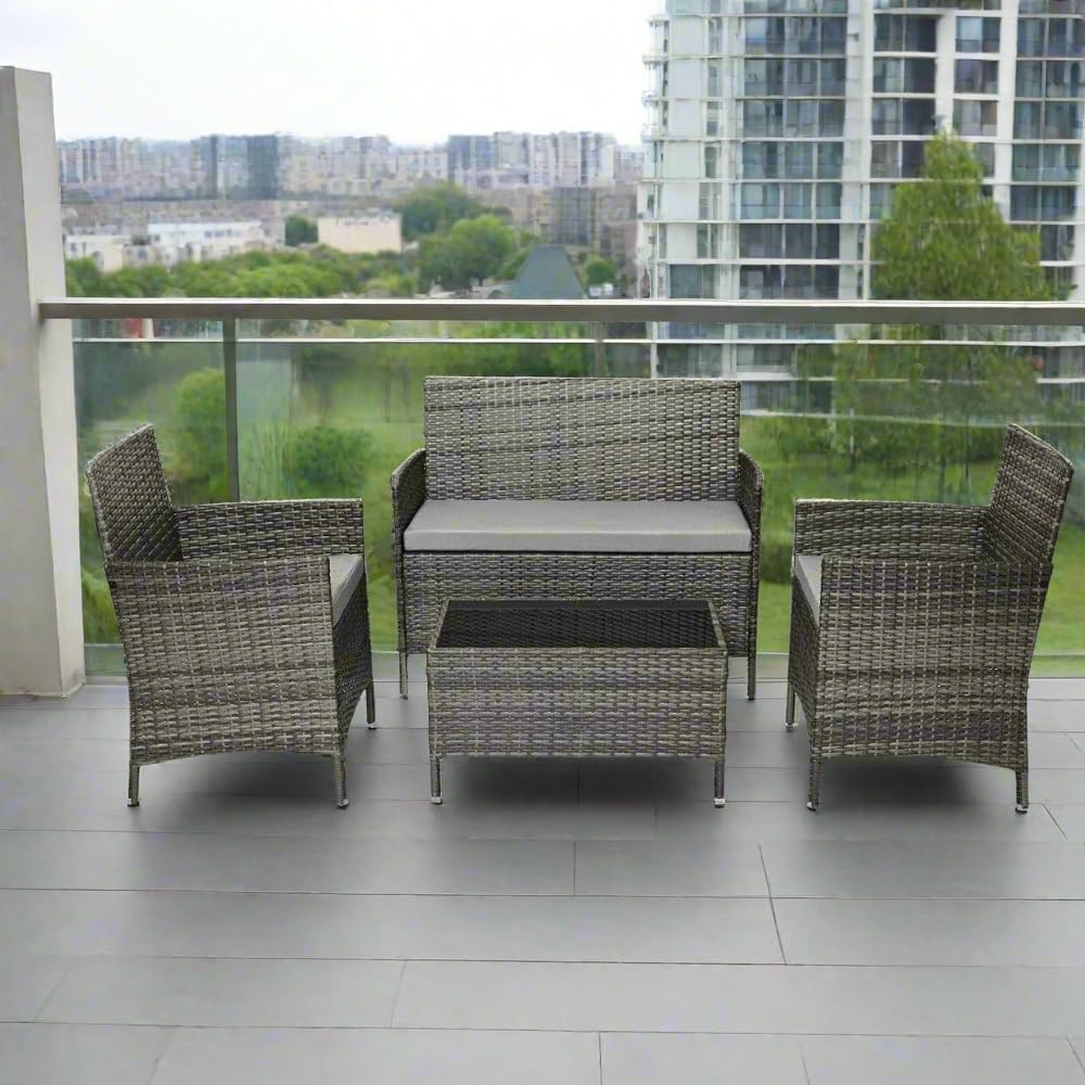 EVRE Grey Rattan Garden Furniture Set Patio Conservatory Balcony Indoor Outdoor 4 Seater Piece Glass Top Coffee Table Modular Sofa Loveseat with Cushions