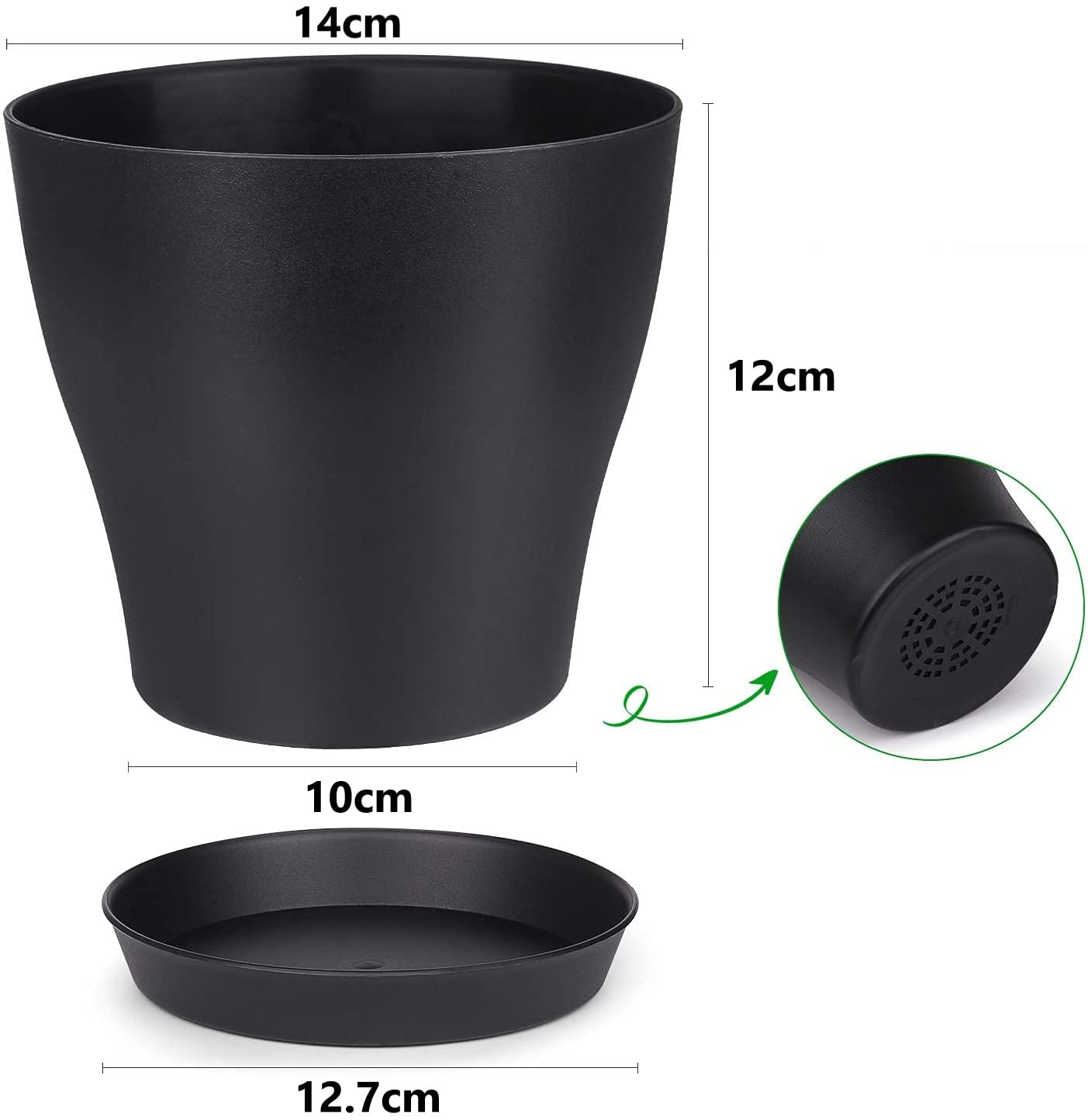 KAHEIGN 10Pcs 14cm Plastic Plant Pots Plant Container Indoor Flower Pots with Pallet Trays for Office House (14 x 12cm, Black)