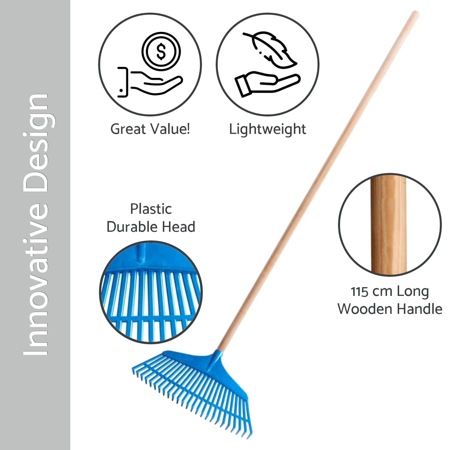 Garden Leaf Rake - 25 Tine Plastic Head & 115 cm Wooden Handle, 39 cm Wide - Lightweight & Durable for Quick Lawn Cleaning, Ideal Universal Gardening Tool for All Seasons
