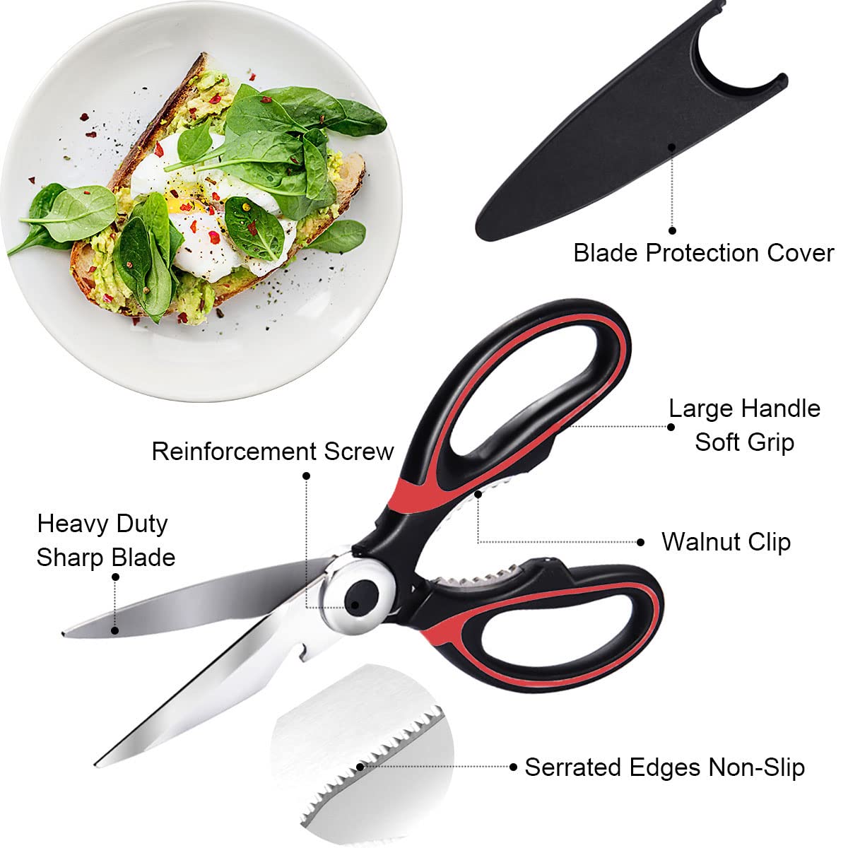 Heavy Duty Kitchen Scissors, Sharp Stainless Steel Scissors for Kitchen, Multipurpose Shears for Garden, Chicken, Poultry, Fish, Meat, Vegetables, Herbs, BBQ, Nuts (Red)